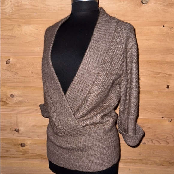 LOFT Brown V-Neck cross over front Sweater Ribbed Knit alpaca / wool blend Med - Picture 6 of 14